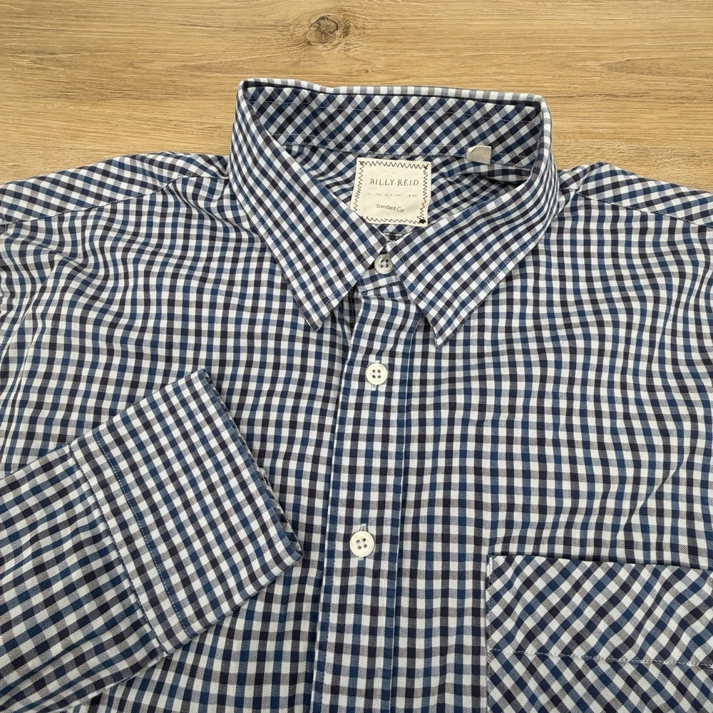 Billy Reid Standard Cut Plaid Button Down Brown Blue Long Sleeve Mens Large